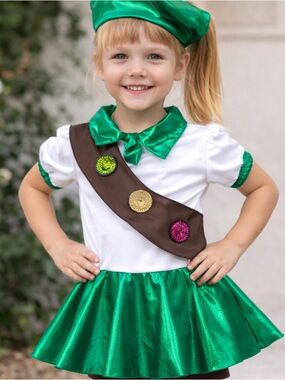Shiny Green Girl Scout Style Costume Dress with Brown Sash